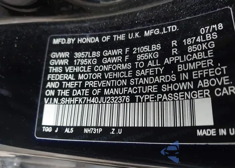 2018 Honda Civic Sport из США, поврежденный, VIN SHHFK7H40JU232376